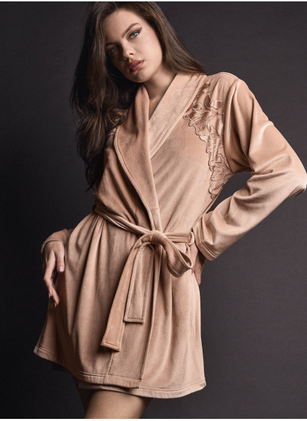 Vestaglia aperta donna COUTURE Lormar in soft velour con collo sciallato, cintura e ricamo setificato