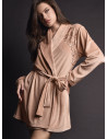 Lormar COUTURE women’s open soft velour robe with shawl collar, waist belt and silky embroidery