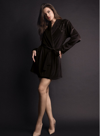 Vestaglia aperta donna COUTURE Lormar in soft velour con collo sciallato, cintura e ricamo setificato 2