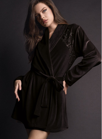 Vestaglia aperta donna COUTURE Lormar in soft velour con collo sciallato, cintura e ricamo setificato