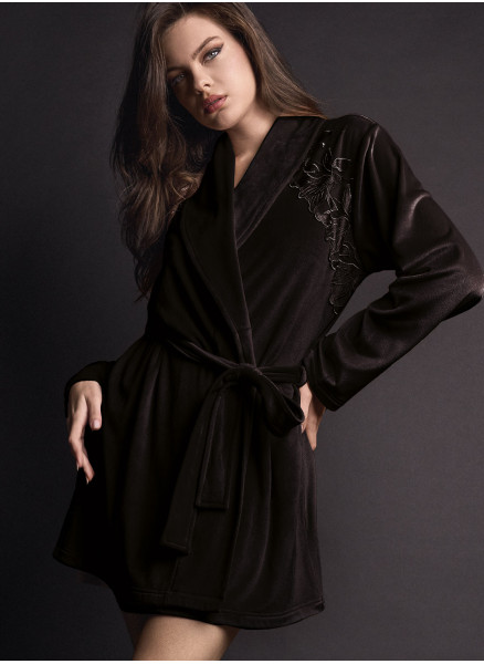 Vestaglia aperta donna COUTURE Lormar in soft velour con collo sciallato, cintura e ricamo setificato