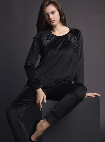 Tuta girocollo donna COUTURE Lormar in soft velour con ricamo setificato sulle spalle e pantalone lungo con polsi