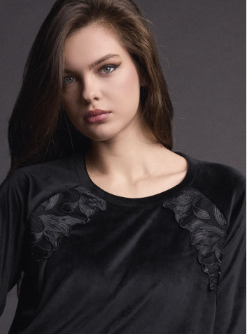 Women’s soft velour lounge set COUTURE Lormar  round-neck top, refined silky embroidery and long trousers with ankle cuffs 2