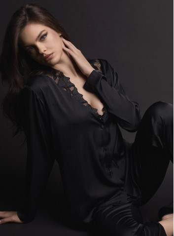 Lormar COUTURE women’s silky satin button-up pyjamas with silky embroidery at the neckline and matching long trousers 2