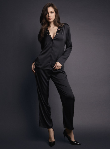Pigiama aperto donna COUTURE Lormar in raso setificato con ricamo setificato sullo scollo e pantalone lungo coordinato