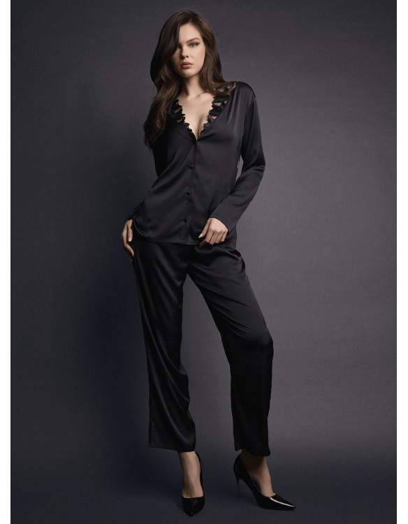 Lormar COUTURE women’s silky satin button-up pyjamas with silky embroidery at the neckline and matching long trousers