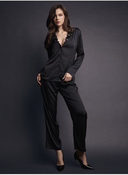 Lormar COUTURE women’s silky satin button-up pyjamas with silky embroidery at the neckline and matching long trousers