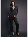 Lormar COUTURE women’s silky satin button-up pyjamas with silky embroidery at the neckline and matching long trousers
