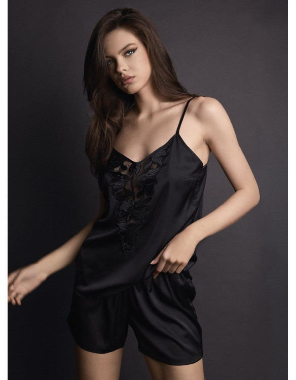 Lormar COUTURE women’s silky satin baby-doll with thin-strap top, silky embroidery and matching shorts