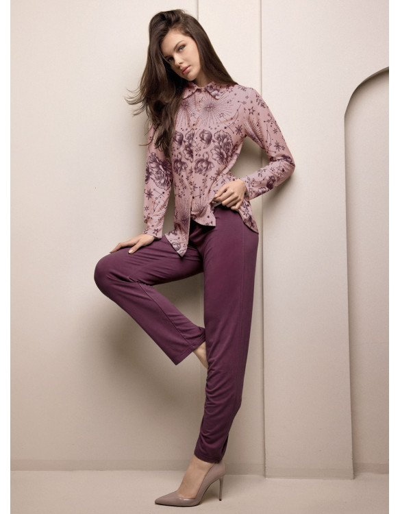 Pigiama aperto donna PARFUM Lormar con maglia fantasia a maniche lunghe, collo a camicia e pantalone lungo unito