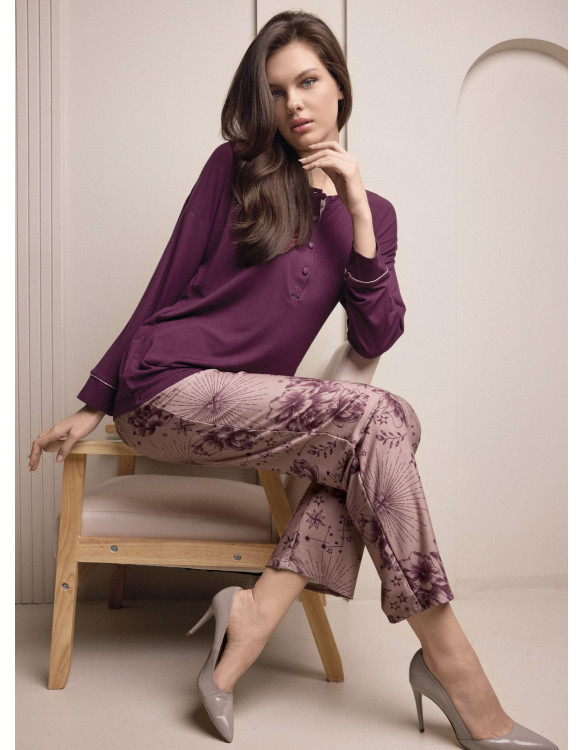 Lormar PARFUM women’s grandad pyjamas with a plain long-sleeved top and floral graphic-print long trousers