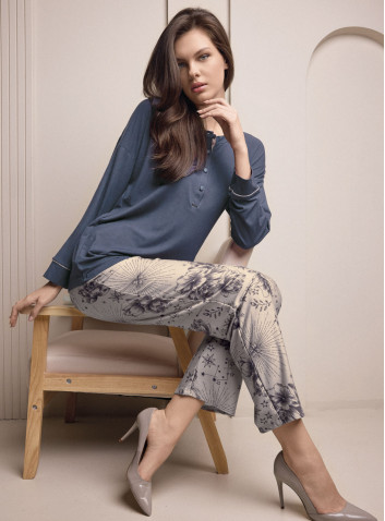 Lormar PARFUM women’s grandad pyjamas with a plain long-sleeved top and floral graphic-print long trousers 2
