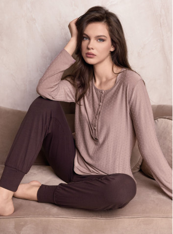 Lormar TOGETHER women’s heavyweight checked jacquard grandad pyjamas with long sleeves and plain long cuffed trousers