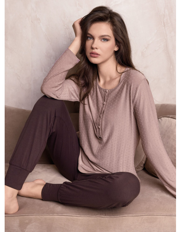 Lormar TOGETHER women’s heavyweight checked jacquard grandad pyjamas with long sleeves and plain long cuffed trousers