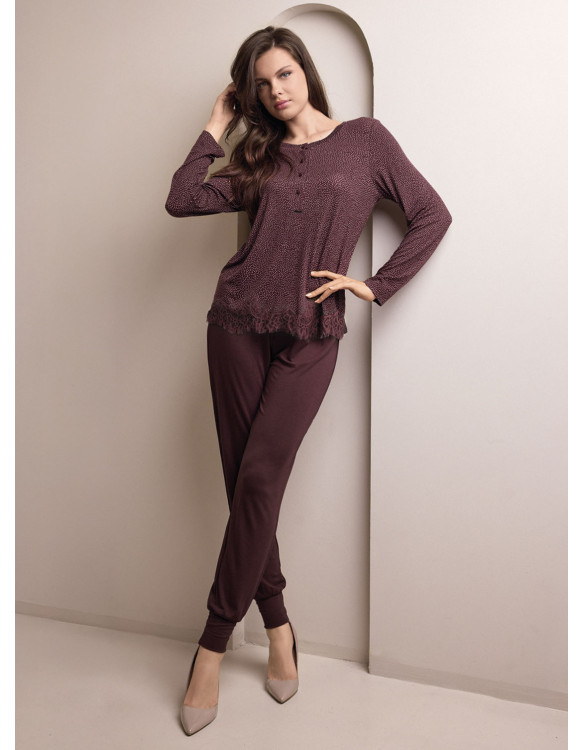 Pigiama serafino donna MORNING Lormar con maglia microstampata, fondo asimmetrico in pizzo e pantalone lungo unito con polsi
