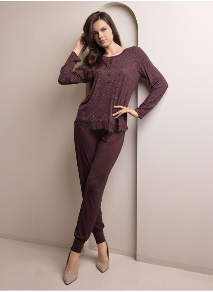 Lormar MORNING women’s grandad pyjamas with a microprinted lace-trimmed top and plain long trousers with ankle cuffs