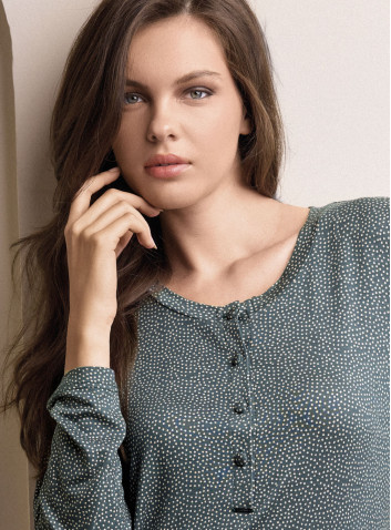 Lormar MORNING women’s grandad pyjamas with a microprinted lace-trimmed top and plain long trousers with ankle cuffs 2