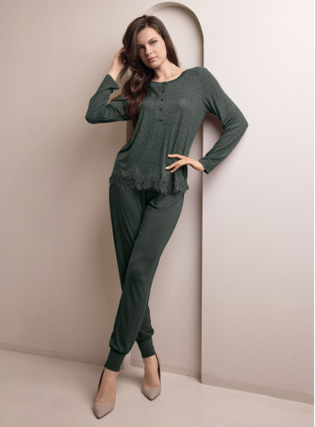 Lormar MORNING women’s grandad pyjamas with a microprinted lace-trimmed top and plain long trousers with ankle cuffs