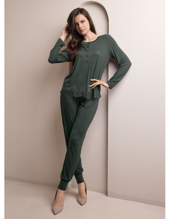 Pigiama serafino donna MORNING Lormar con maglia microstampata, fondo asimmetrico in pizzo e pantalone lungo unito con polsi
