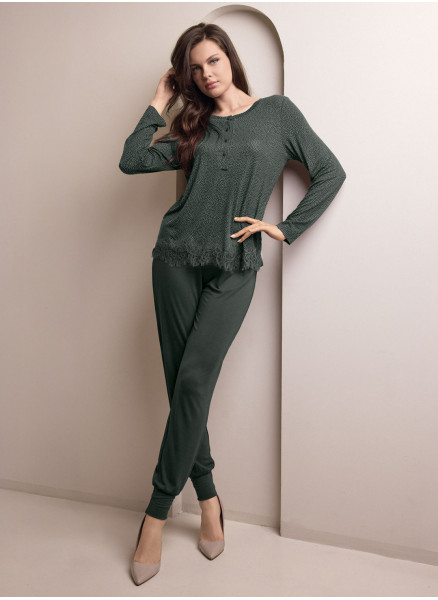 Pigiama serafino donna MORNING Lormar con maglia microstampata, fondo asimmetrico in pizzo e pantalone lungo unito con polsi