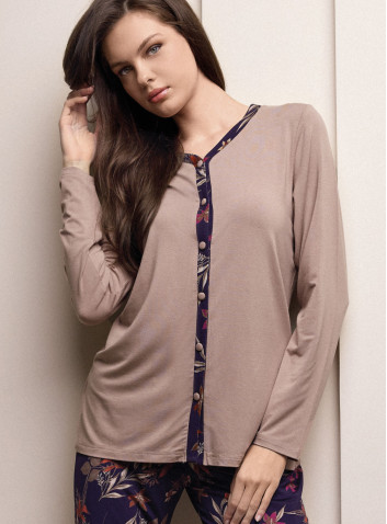 Pigiama aperto donna DESIRE Lormar con maglia unita a maniche lunghe, profili floreali e pantalone lungo coordinato 2
