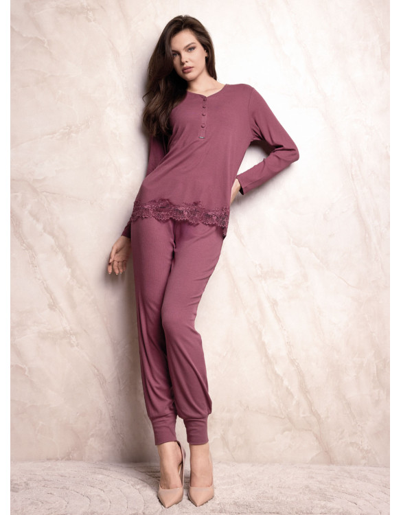 Lormar ENCHANTE women’s heavyweight ribbed viscose pyjamas with long sleeve grandad top, lace detail and long cuffed pants