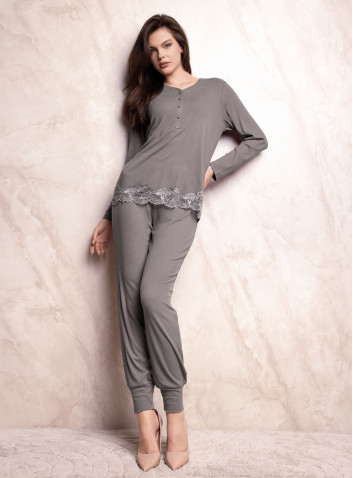 Lormar ENCHANTE women’s heavyweight ribbed viscose pyjamas with long sleeve grandad top, lace detail and long cuffed pants 2