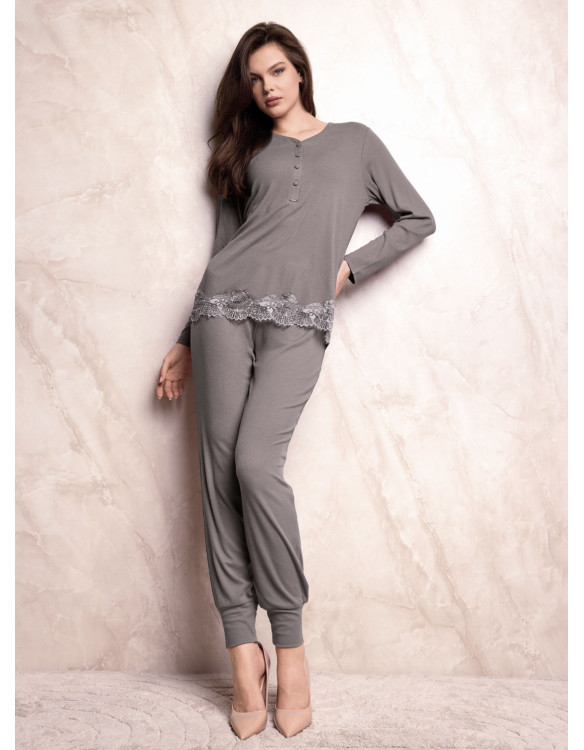 Lormar ENCHANTE women’s heavyweight ribbed viscose pyjamas with long sleeve grandad top, lace detail and long cuffed pants