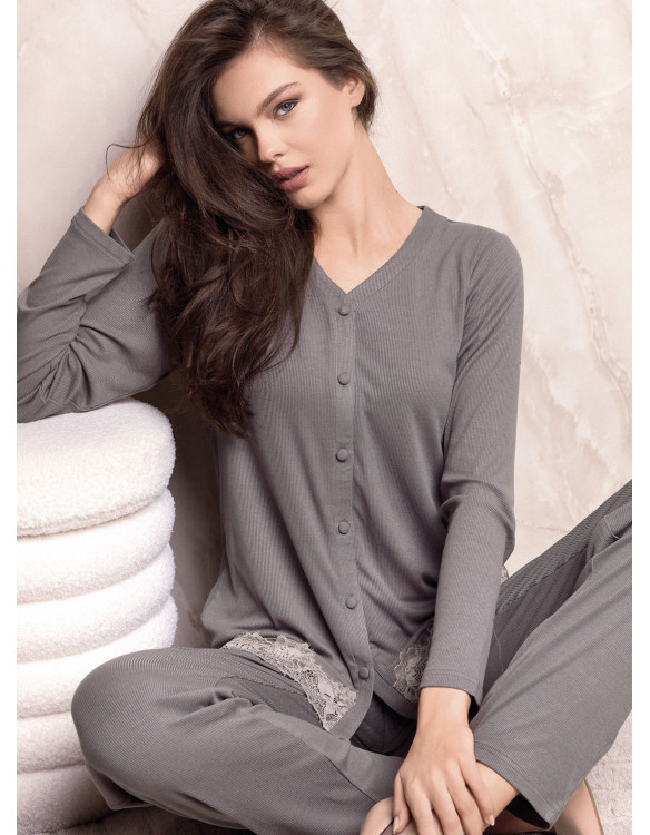 Lormar ENCHANTE women’s heavyweight ribbed viscose button-up pyjamas with a lace-trimmed top and plain long trousers