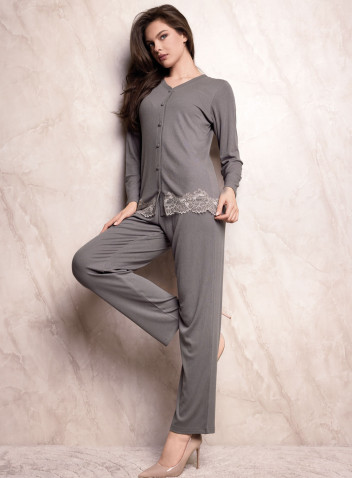 Lormar ENCHANTE women’s heavyweight ribbed viscose button-up pyjamas with a lace-trimmed top and plain long trousers 2