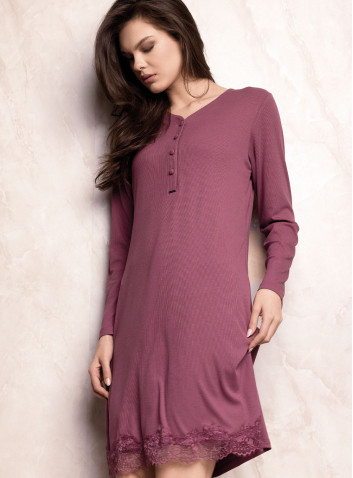 Camicia da notte donna ENCHANTE Lormar in viscosa pesante a costina con maniche lunghe, apertura serafino e fondo in pizzo