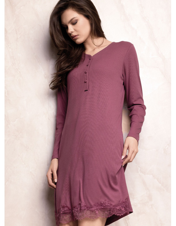Lormar ENCHANTE women’s heavyweight ribbed viscose nightdress with long sleeves, buttoned grandad neckline and lace-trimmed hem