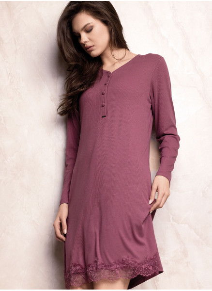 Lormar ENCHANTE women’s heavyweight ribbed viscose nightdress with long sleeves, buttoned grandad neckline and lace-trimmed hem