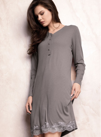 Camicia da notte donna ENCHANTE Lormar in viscosa pesante a costina con maniche lunghe, apertura serafino e fondo in pizzo 2