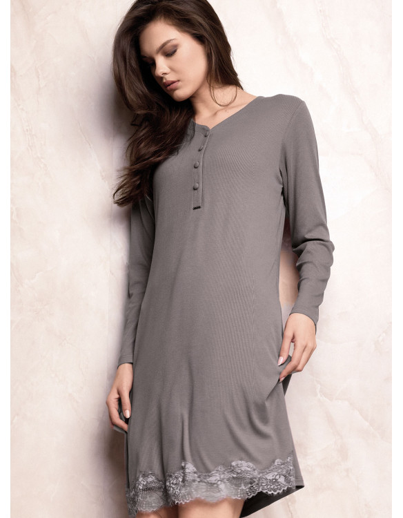 Lormar ENCHANTE women’s heavyweight ribbed viscose nightdress with long sleeves, buttoned grandad neckline and lace-trimmed hem