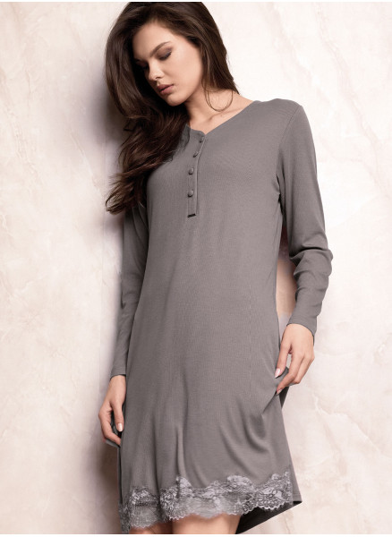 Lormar ENCHANTE women’s heavyweight ribbed viscose nightdress with long sleeves, buttoned grandad neckline and lace-trimmed hem