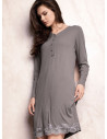 Lormar ENCHANTE women’s heavyweight ribbed viscose nightdress with long sleeves, buttoned grandad neckline and lace-trimmed hem