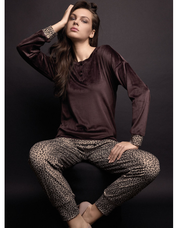 Pigiama serafino donna FANCY Lormar in soft velour con maglia unita e pantalone animalier con polsi