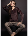 Pigiama serafino donna FANCY Lormar in soft velour con maglia unita e pantalone animalier con polsi