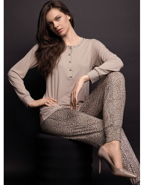 Lormar FANCY women’s grandad pyjamas with a plain long-sleeved top, animal-print trims and cuffed printed trousers