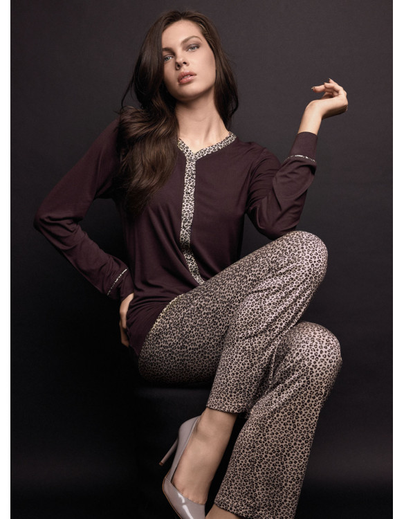 Pigiama aperto donna FANCY Lormar viscosa pesante, maglia unita a maniche lunghe e pantalone lungo in fantasia animalier