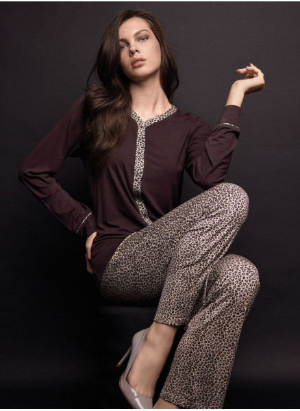 Pigiama aperto donna FANCY Lormar viscosa pesante, maglia unita a maniche lunghe e pantalone lungo in fantasia animalier