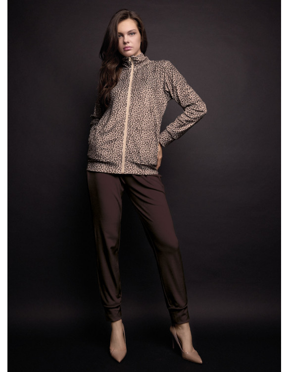 Lormar FANCY women’s full-zip homewear set in animal-print soft velour with plain long cuffed pants