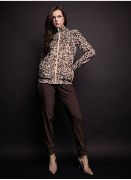 Lormar FANCY women’s full-zip homewear set in animal-print soft velour with plain long cuffed pants