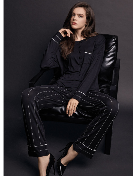 Lormar MINUIT women’s grandad pyjamas with a plain long-sleeved top, patch pocket and long pinstripe trousers