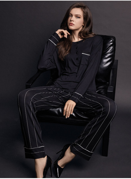 Lormar MINUIT women’s grandad pyjamas with a plain long-sleeved top, patch pocket and long pinstripe trousers
