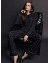 Lormar MINUIT women’s grandad pyjamas with a plain long-sleeved top, patch pocket and long pinstripe trousers