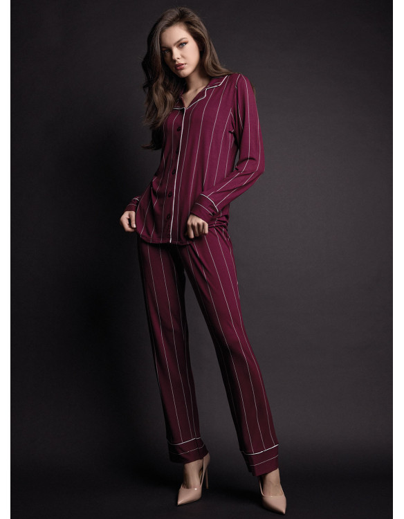 Pigiama aperto donna MINUIT Lormar in viscosa pesante gessata con collo a rever, piping a contrasto e pantalone lungo coordinato