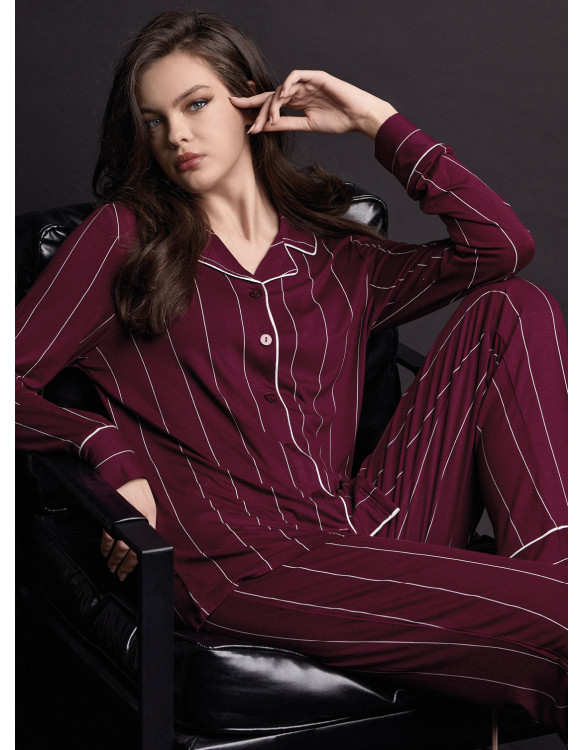 Pigiama aperto donna MINUIT Lormar in viscosa pesante gessata con collo a rever, piping a contrasto e pantalone lungo coordinato