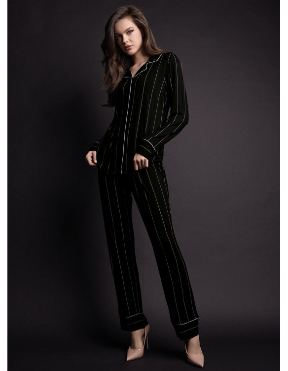 Pigiama aperto donna MINUIT Lormar in viscosa pesante gessata con collo a rever, piping a contrasto e pantalone lungo coordinato